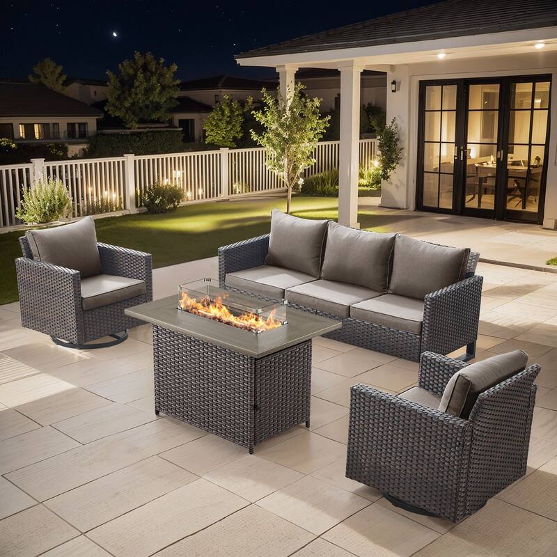 Outdoor Sofa 2 Glider Chairs and Fire Pit Table - Brown - Grey