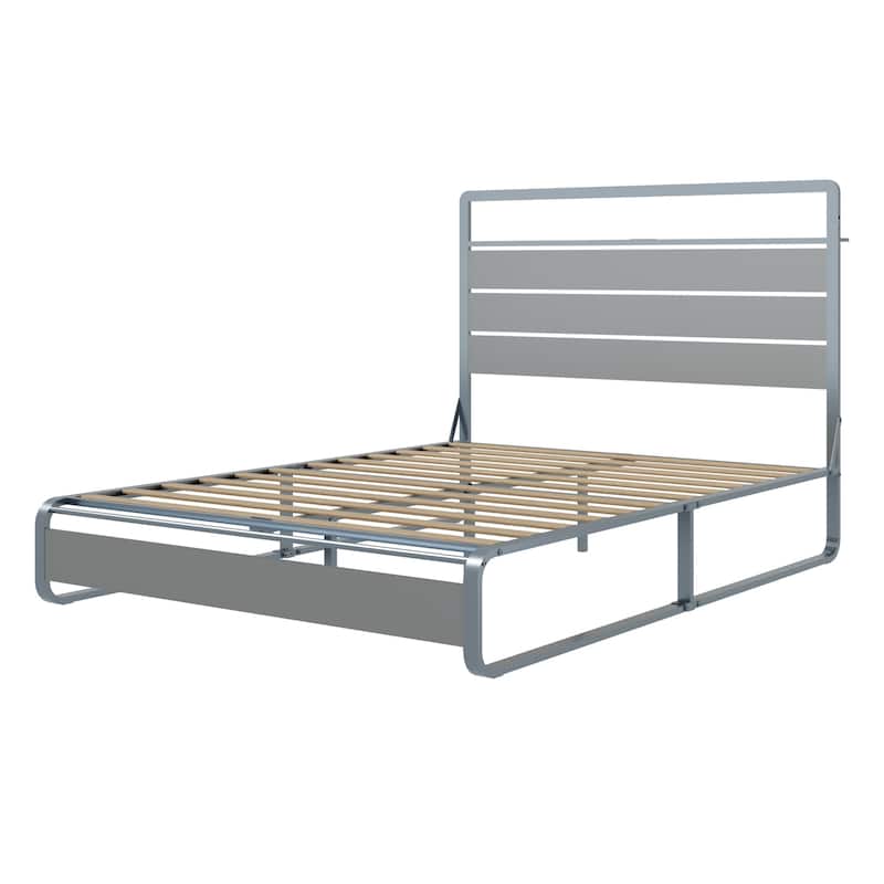 Bed Frame with Headboard, Metal Platform Bed Frame with Charging Station - Antique Silver