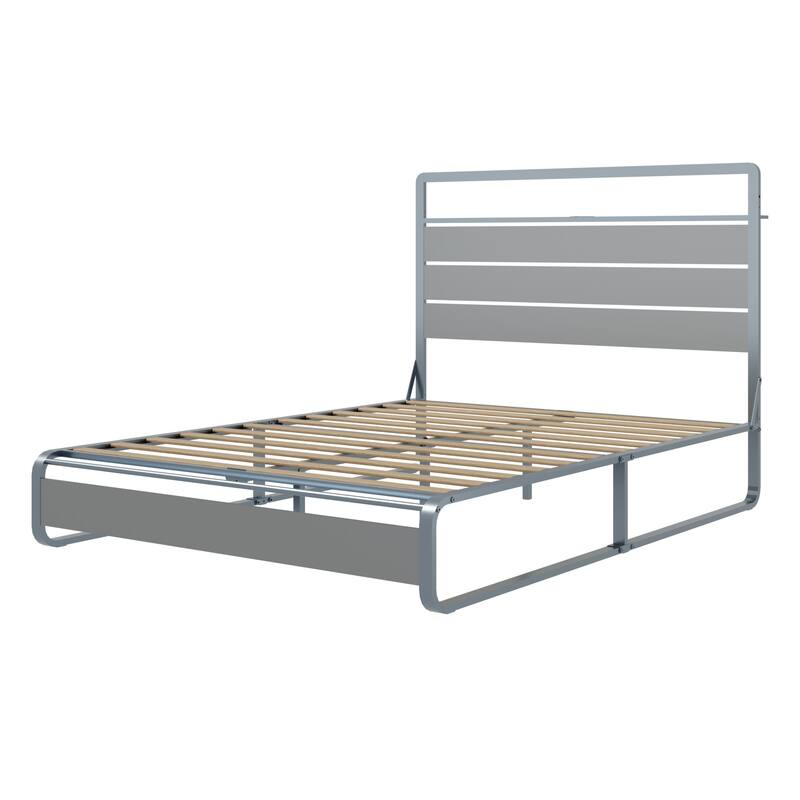 Queen Smart LED Bed Frame with Charging Station, Heavy Duty Metal Platform Bed Frame with Wood Slat, 49.21" Tall Headboard Bed