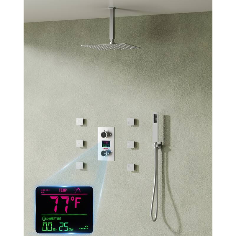 LCD Temperature Display 12" High-Pressure Shower System With Pressure Balancing Diverter Valve - 12-Inch