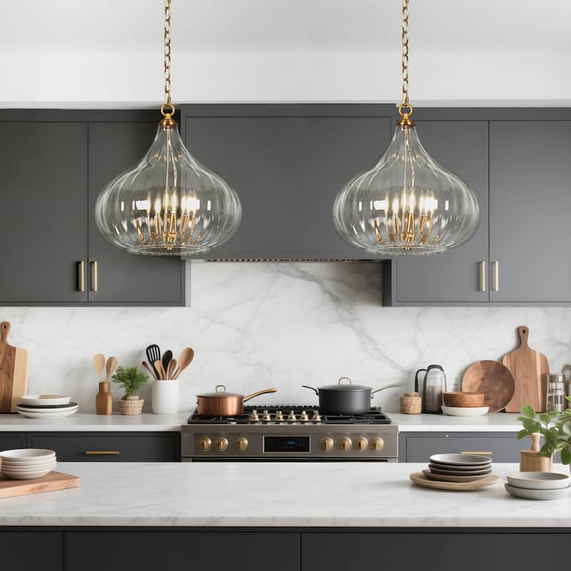 Modern Glam 3-Lights Chandelier Brass Gold Large Pendant with Pumpkin-Shade Clear Ribbed Glass Chandelier for Dining Room