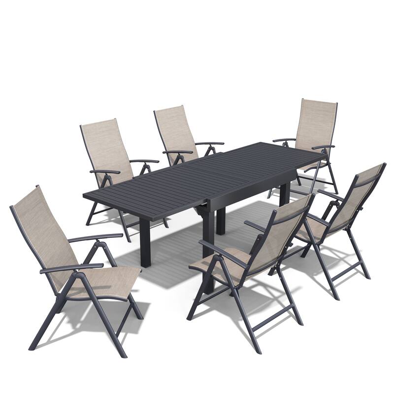 Outdoor Extendable Patio Dining Table with Durable Adjustable Reclining Folding Chair - 82.7in-Black-Table&Espresso-Chair