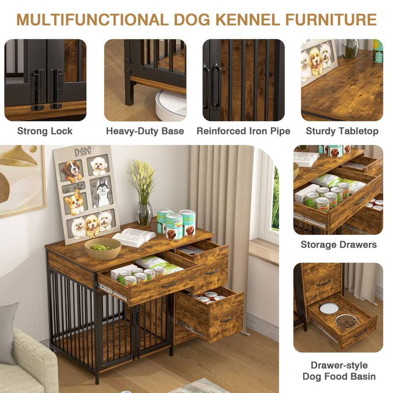 43.3" Wooden Dog Kennel Furniture End Table with 4 Drawers, Wood Pet House Dog Cage Dog Crate