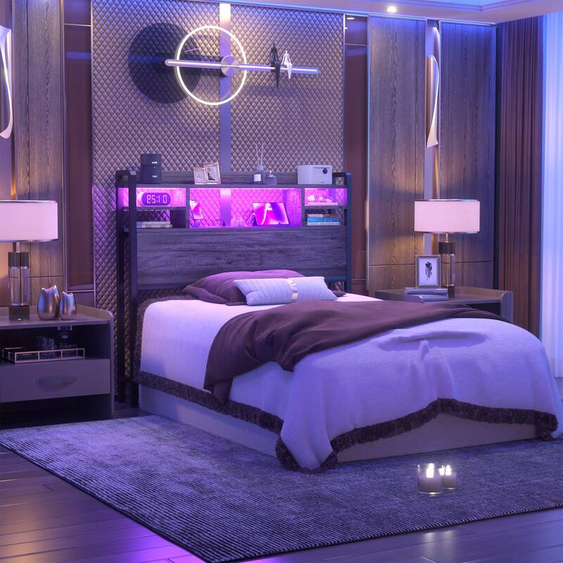 Storage Headboard with USB Port and Power Outlet, Head Board with LED Light for Bed Frame