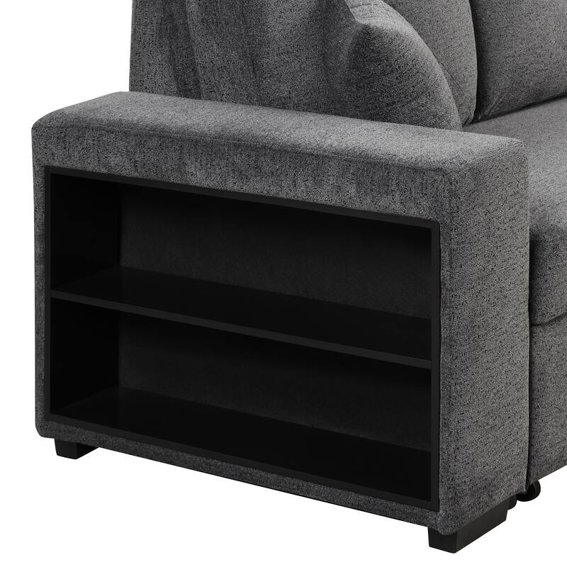 95" Reversible Sleeper Sofa Pull-Out Sofa Bed with Side Shelf and 2 Stools, Storage Chaise Left/Right Hande for Living Room