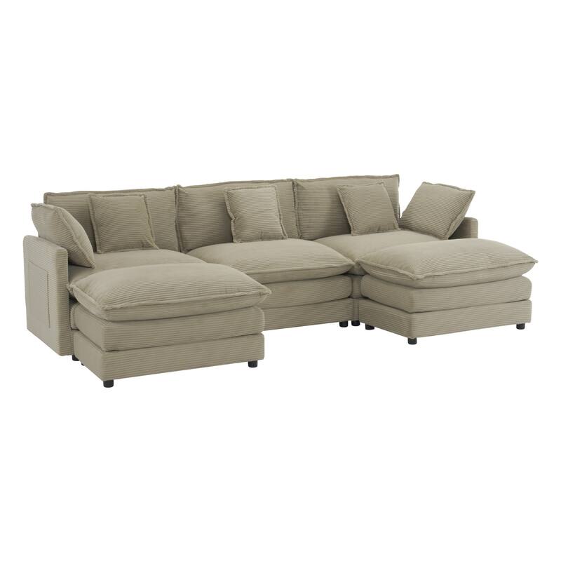112.6" Corduroy Modular Sectional Sofa with Ottoman and Storage Pockets