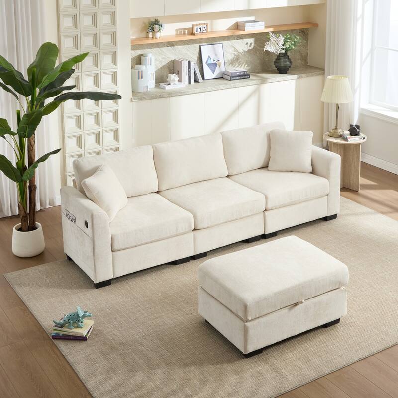 97" L-Shaped Chenille Sectional Sofa with Movable Storage Ottoman