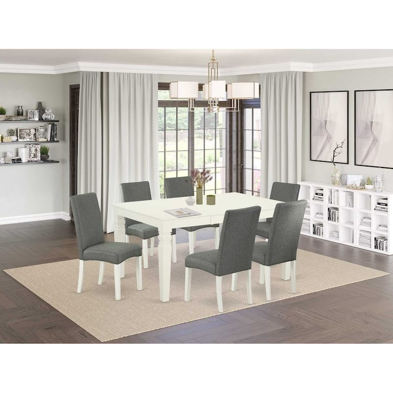 Modern Dinette Table Set - 7Pc Rectangular Table & 6 Chairs - 42/60" Table with Leaf - Linen White Legs