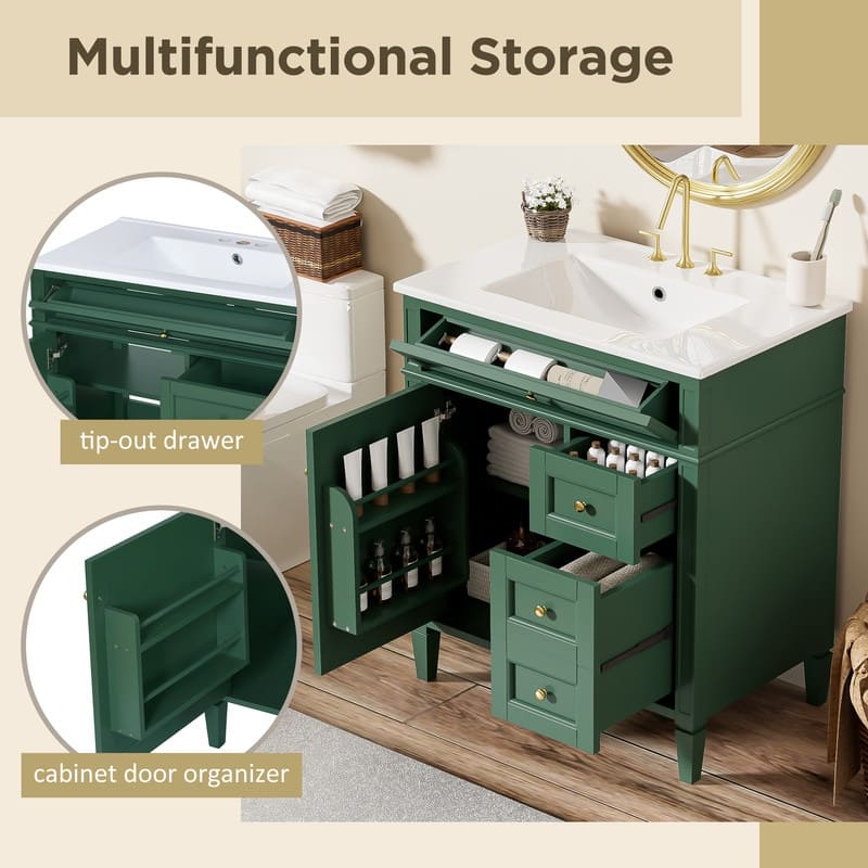 30''Bathroom Vanity with Top Sink, Modern Bathroom Storage Cabinet with 2 Drawers and a Tip-out Drawer