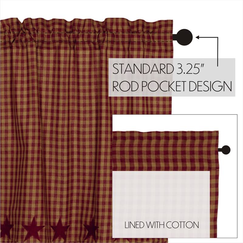 Primitive Curtains VHC Star Short Prairie Panel 63x36x18 Pair Rod Pocket Cotton Appliqued - Prairie Panel 63x36