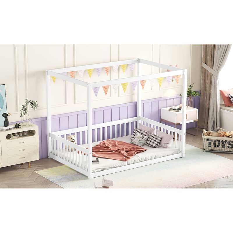 Roomfitters Full Canopy Frame Floor Bed, Rubber Wood Platform with Guardrails and Low-Profile Design, White