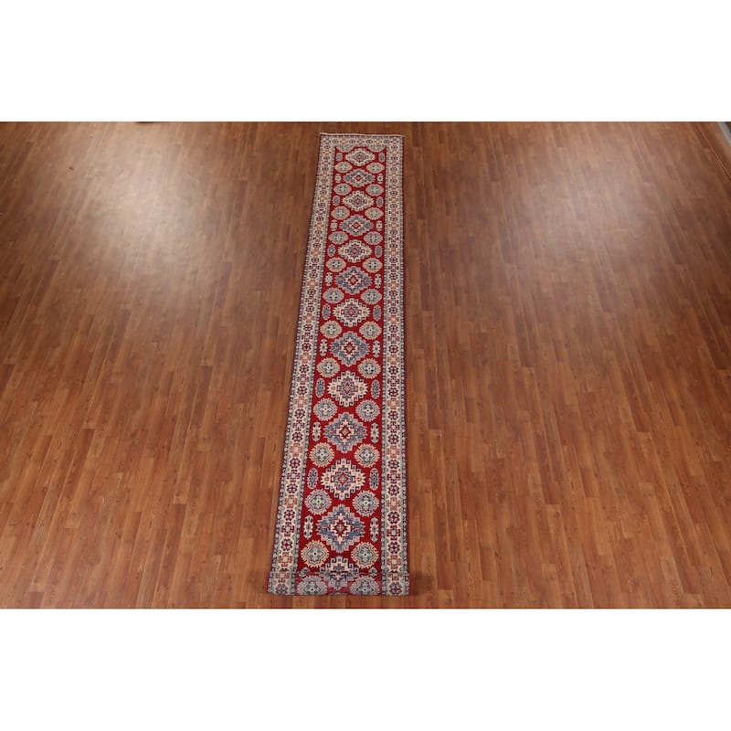 Red Kazak Runner Rug Handmade Wool Carpet - 2'6" x 16'3"