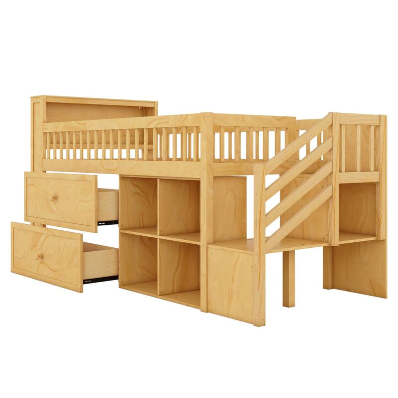 Wood Low Twin Size Loft Bed with LED and Bookshelf, Storage Drawers and Shelves