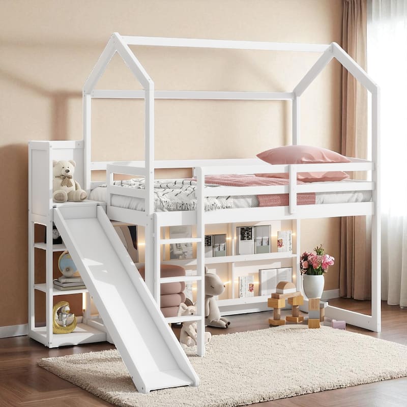 Twin Size Wood House Loft Bed with Slide, Storage Shelves, Light and Climbing Ramp, Full Guardrails
