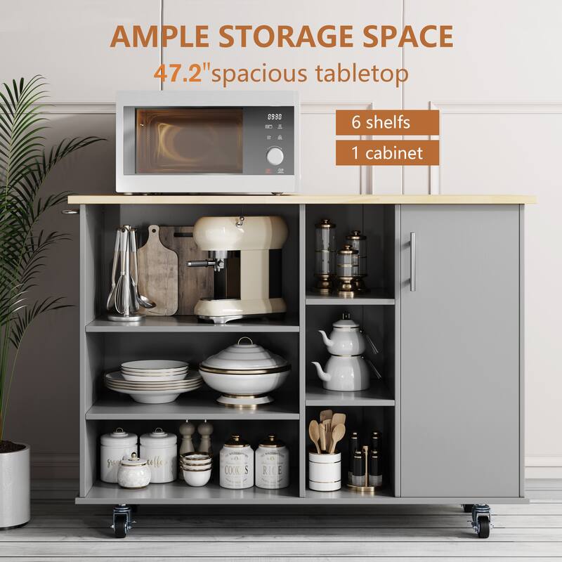 Futzca 47”W Kitchen Storage Island Cart with 6 Open Shelves and 1 Cabinet