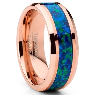 Thorsten Photon Tungsten Ring Wedding Band with Beveled Edges and Green Blue Opal Inlay from Roy Rose Jewelry