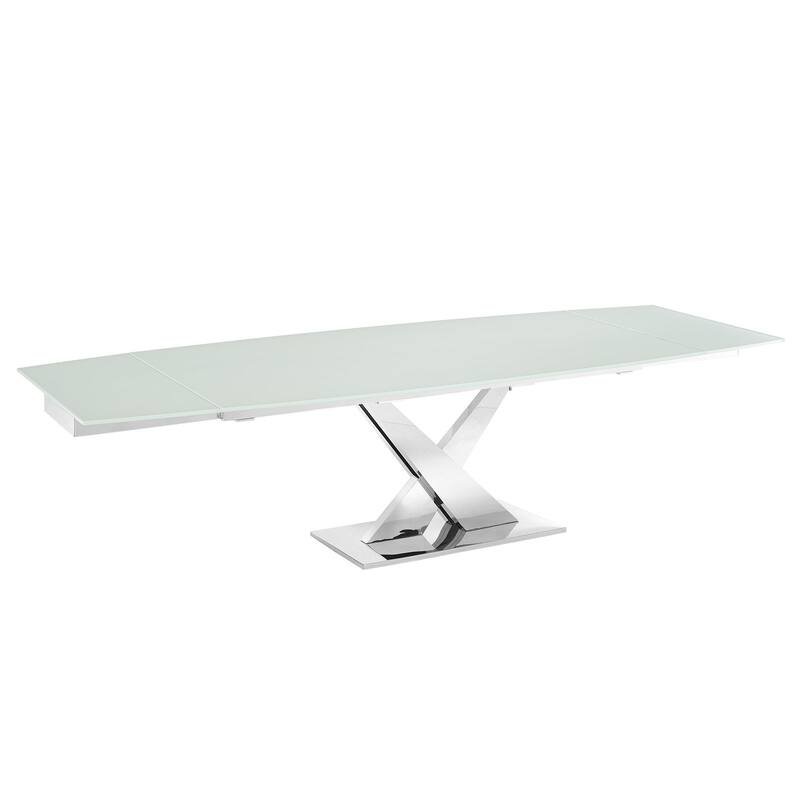 X Base Manual Dining Table with Stainless Base and Clear Top