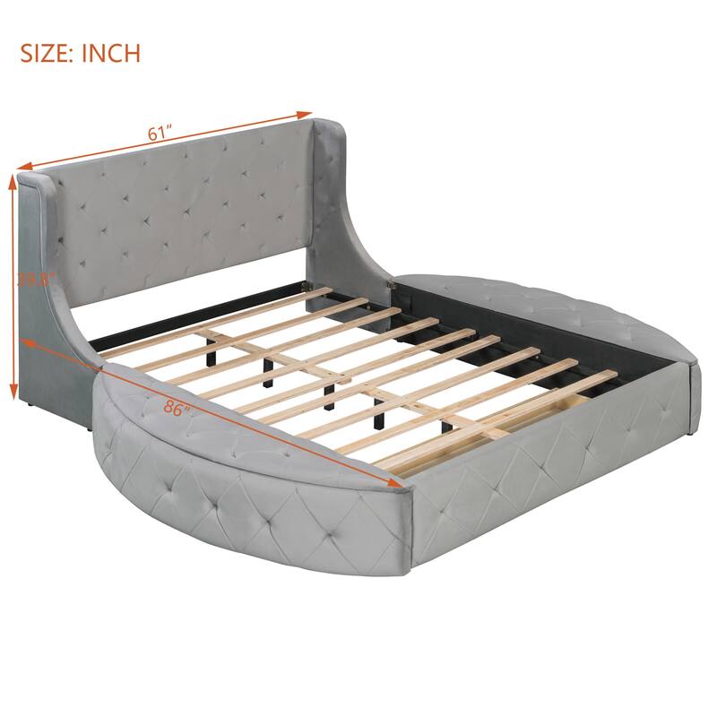 Roomfitters Queen Upholstered Platform Bed, Tufted Wingback Headboard, Velvet Frame, Storage Unit & Semicircular Stools