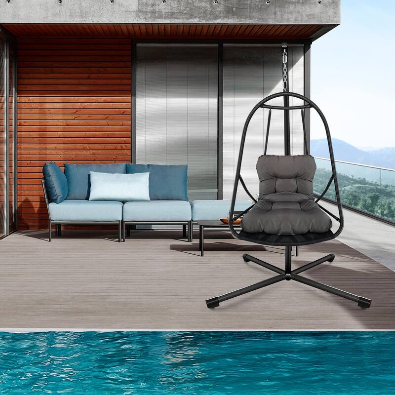 Wicker Swing Egg Chair with Metal Stand and Cup Holder, Patio Hanging Chair with Cushion and Pillow, C Type Bracket