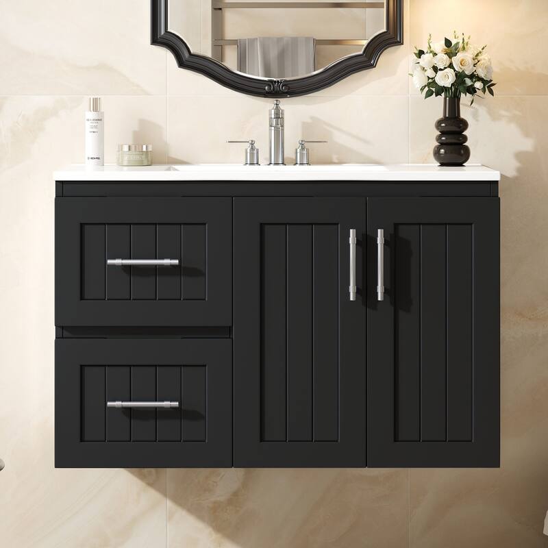 36" Wall Mounted Bathroom Vanity with 2 Drawers, Floating Vanity with Ceramic Sink & Adjustable Shelf, Modern Bathroom Storage