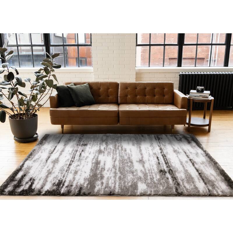 Black White Grey Distressed Soft Shag Rug