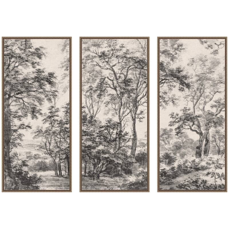 Kate and Laurel Wooded 1648 Antonie Waterloo Linen Panel 3 Piece Framed Canvas Wall Art Set by Nostalgia Prints - 3 Piece Set 18x40 - Gold
