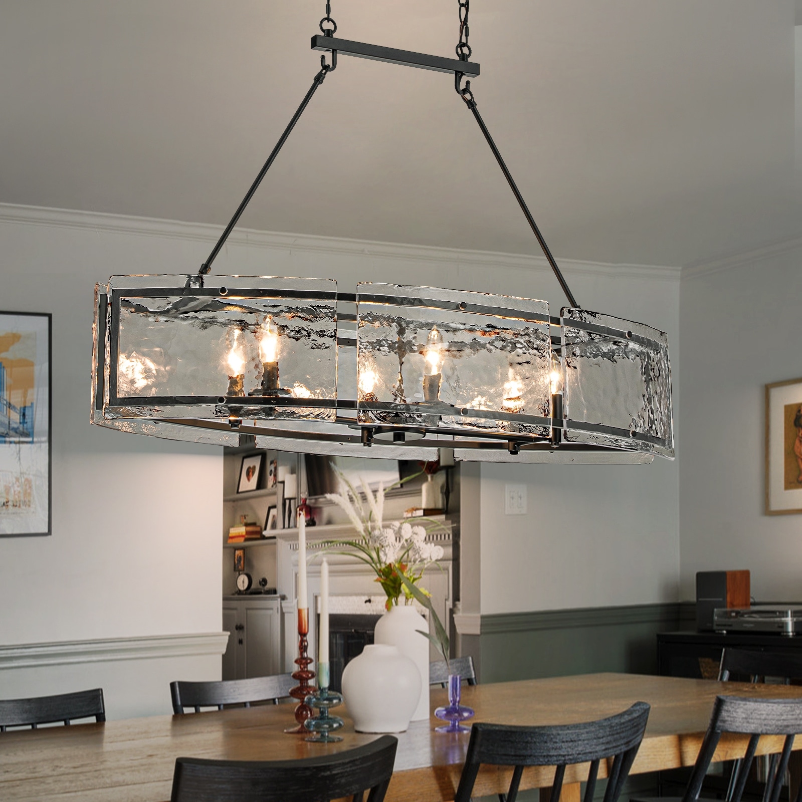 Modern Farmhouse 39.4" 6-Light Linear Pendant Light with Textured Glass Shades for Kitchen Island and Dining Room