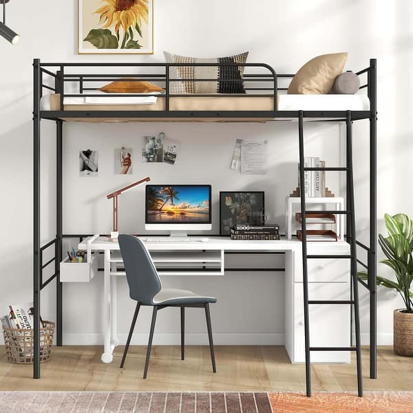 slide 2 of 10, Costway Twin Size Metal Loft Bed Single Loft Bunk Bed with Full-Length Black - See Details