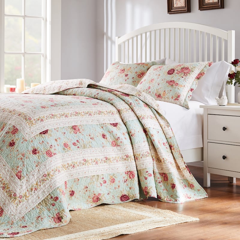 Greenland Home Fashions Antique Rose 100% Cotton Pieced Frame Reversible Bedspread Set - Blue - Oversized Queen