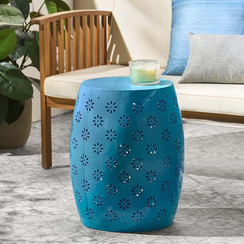 Roomfitters Outdoor Ceramic Garden Stool, 15" Accent Side Table for Patio Balcony or Living Room, Blue