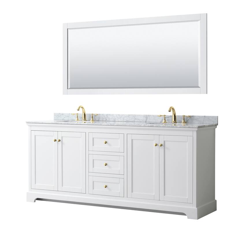 Avery 80-inch Double Vanity, Marble Top, Oval Sinks, 70-inch Mirror - White, Gold Trim, White Carrara Marble Top