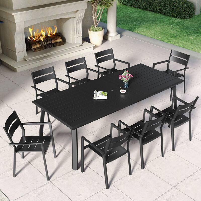 Patio Outdoor Aluminum Dining Set with Umbrella Hole with Stackable Armchairs - Black