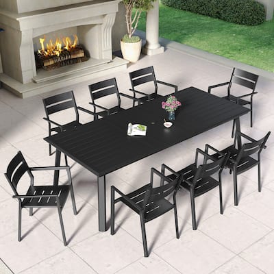 Patio Outdoor Aluminum Dining Set with Umbrella Hole with Stackable Armchairs