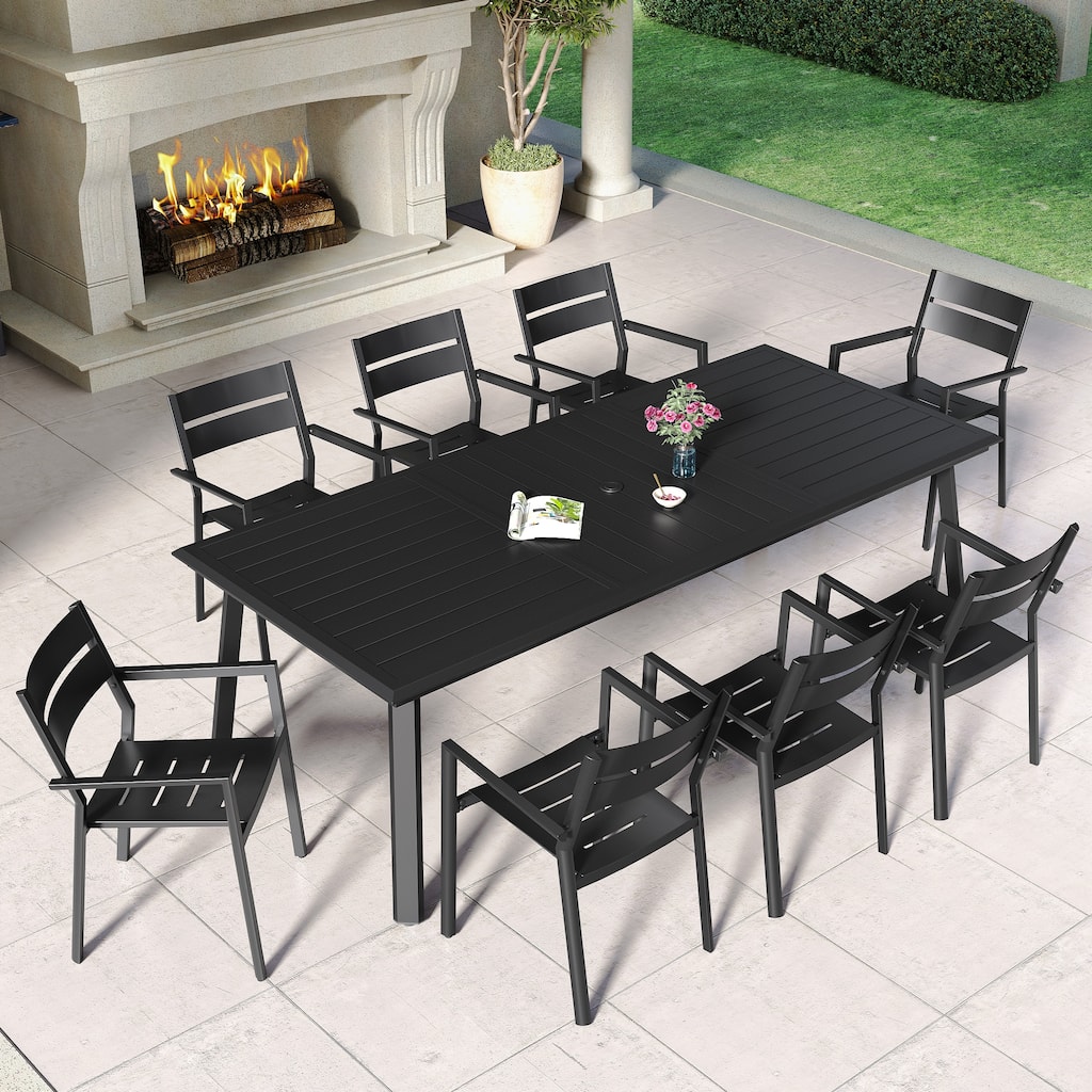 Patio Outdoor Aluminum Dining Set with Umbrella Hole with Stackable Armchairs