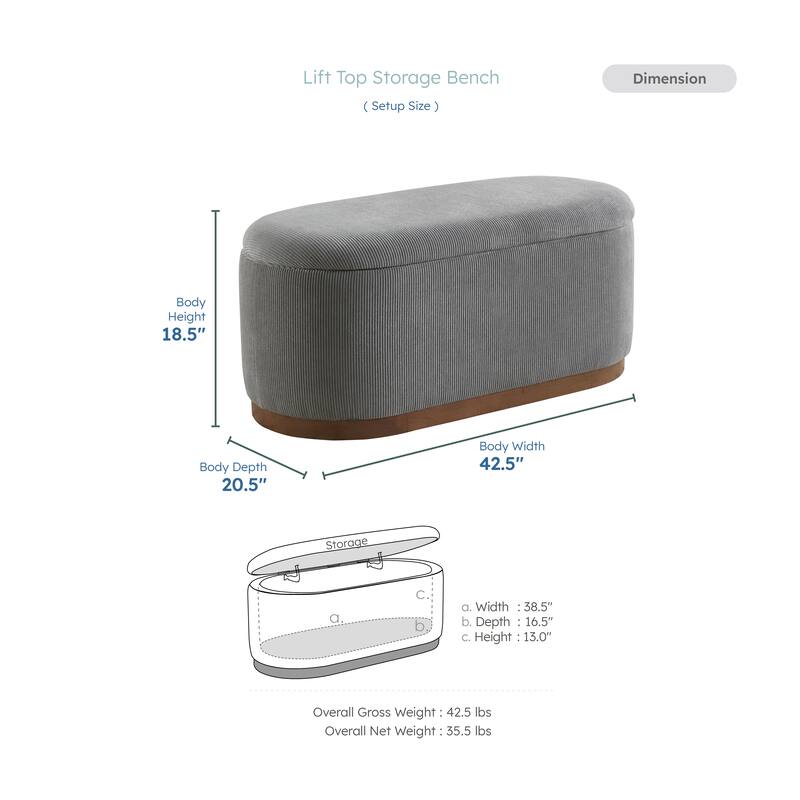 Venice 42.5" Corduroy Lift Top Storage Bench - Foam Cushioned Seat
