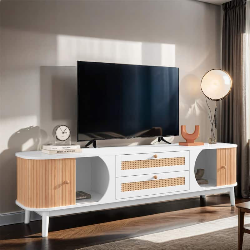 Rattan TV Stand, Entertainment Center with Solid Wood Legs