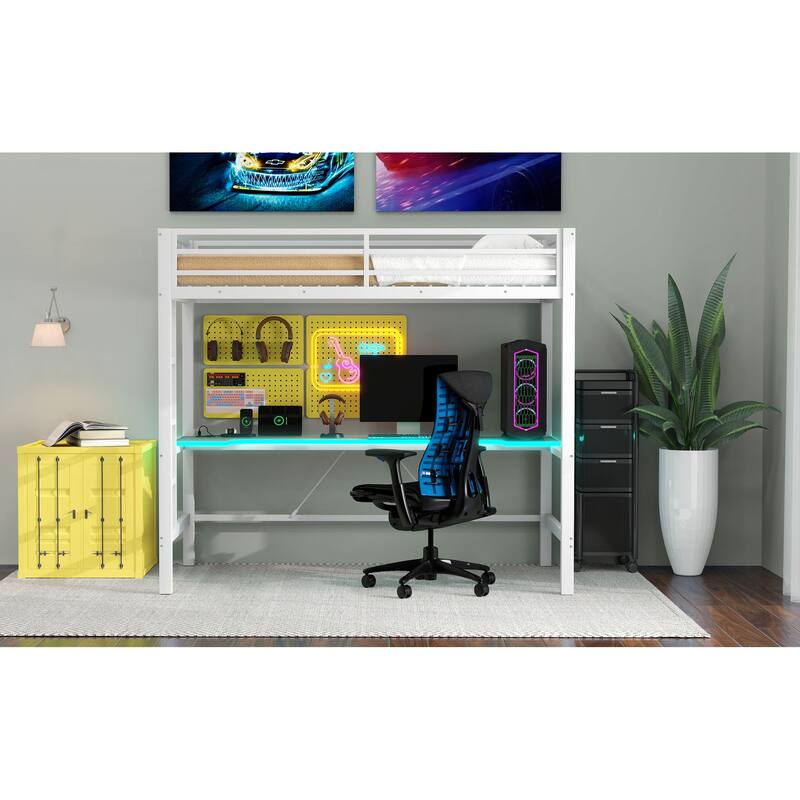 Twin Size Gaming Metal Loft Bed Frame with LED Light, USB Charge Station and Desk