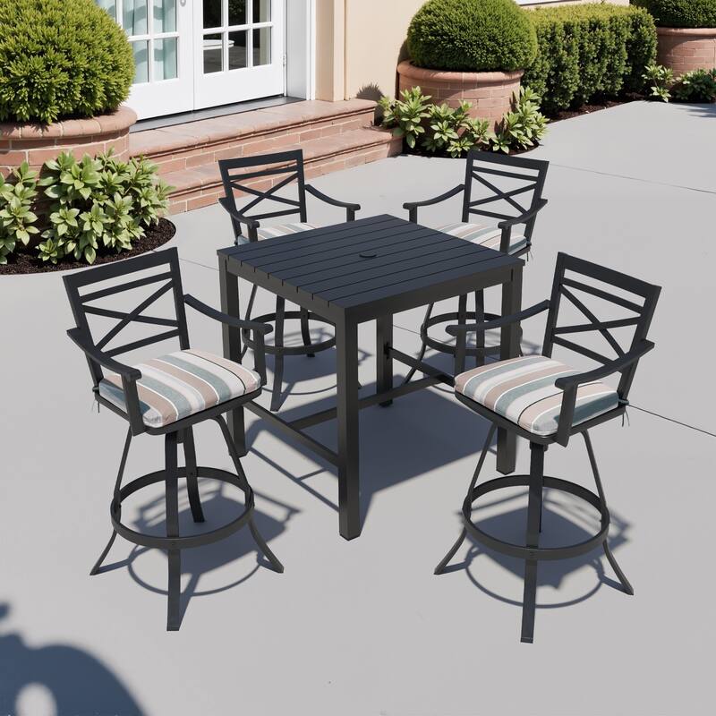 3/5-Piece Outdoor Swivel Aluminum Bar Stools with Sunbrella Cushion and Table Set - MILANOCHAR - Set of 5
