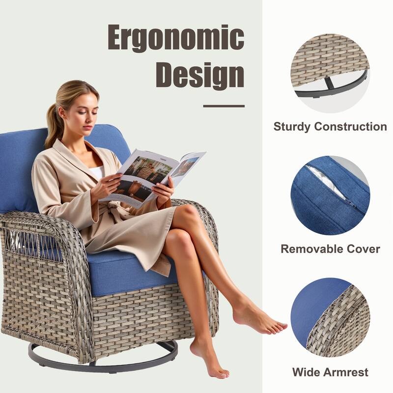 Pocassy Outdoor Sofa Ottoman Swivel Chair Table with Fire Table Set.