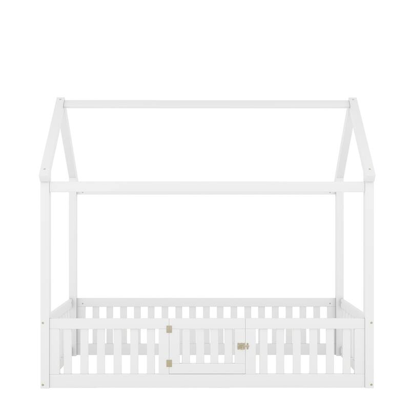 Twin Size Wood House Bed with Fence and Door