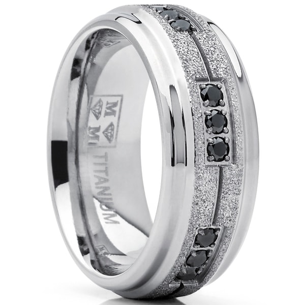 Oliveti Men's Shimmer Finish Titanium Wedding Band Ring with Black Cubic Zirconia 8mm Comfort Fit. Opens flyout.