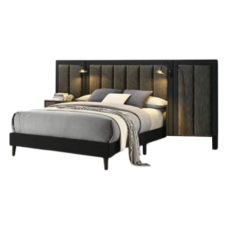 Fel Queen Size Bed, Dark Brown Wood Frame, Upholstered Headboard