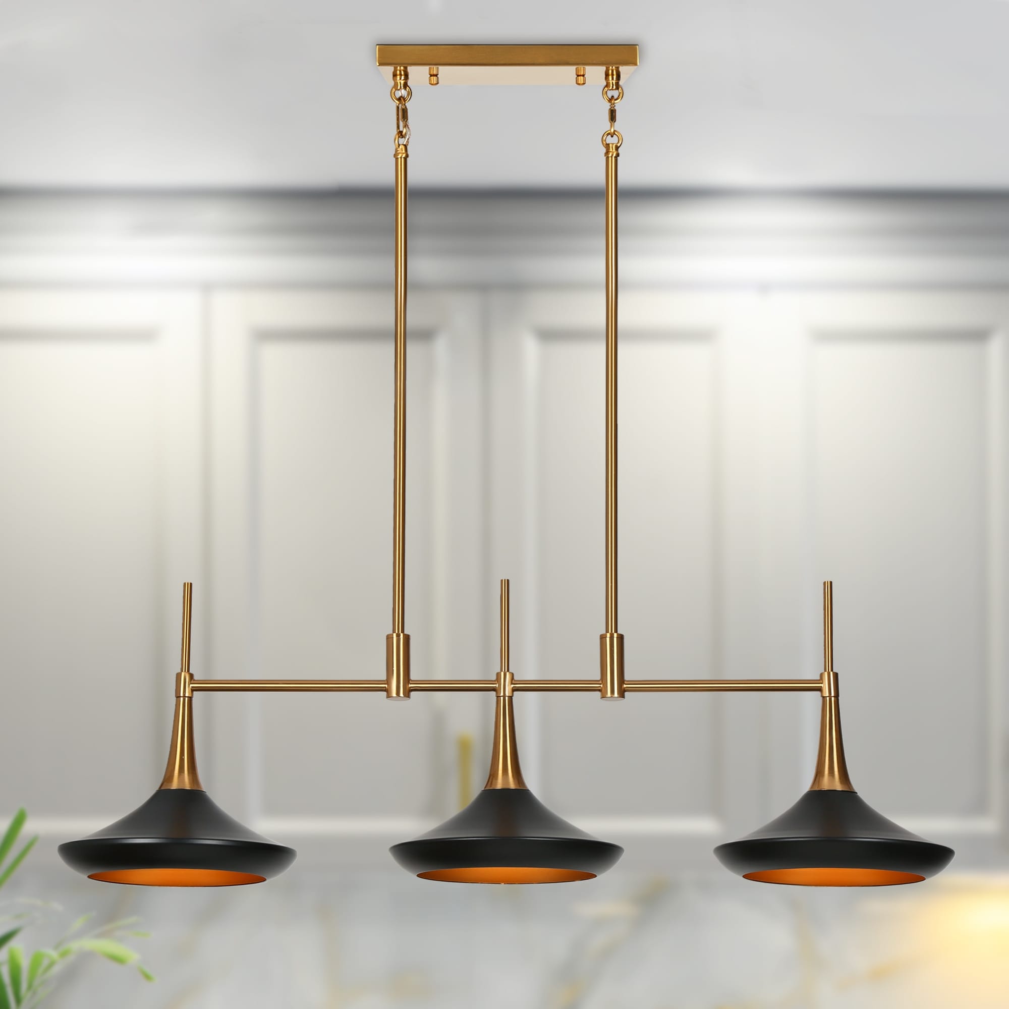Conia Modern 3-Light Linear Chandelier Black Gold Pendant for Kitchen Island - 34.6"Wx9"Dx11.8"H