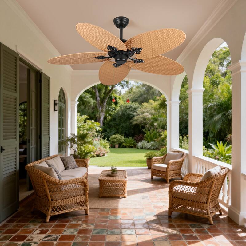 52"Tropical Ceiling Fan with 5 Palm Leaf Blades, Indoor/Outdoor No Light Fan, Pull Chain Control, Dual Mounting Options