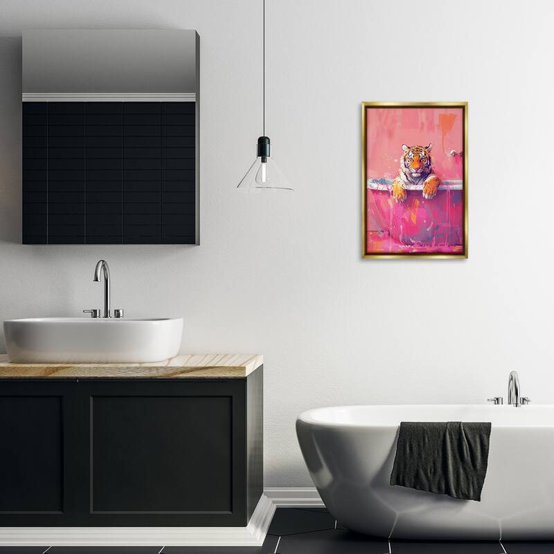 Stupell Bright Bathing Tiger in Tub Framed Floater Canvas Wall Art Design By LSR Design Studio