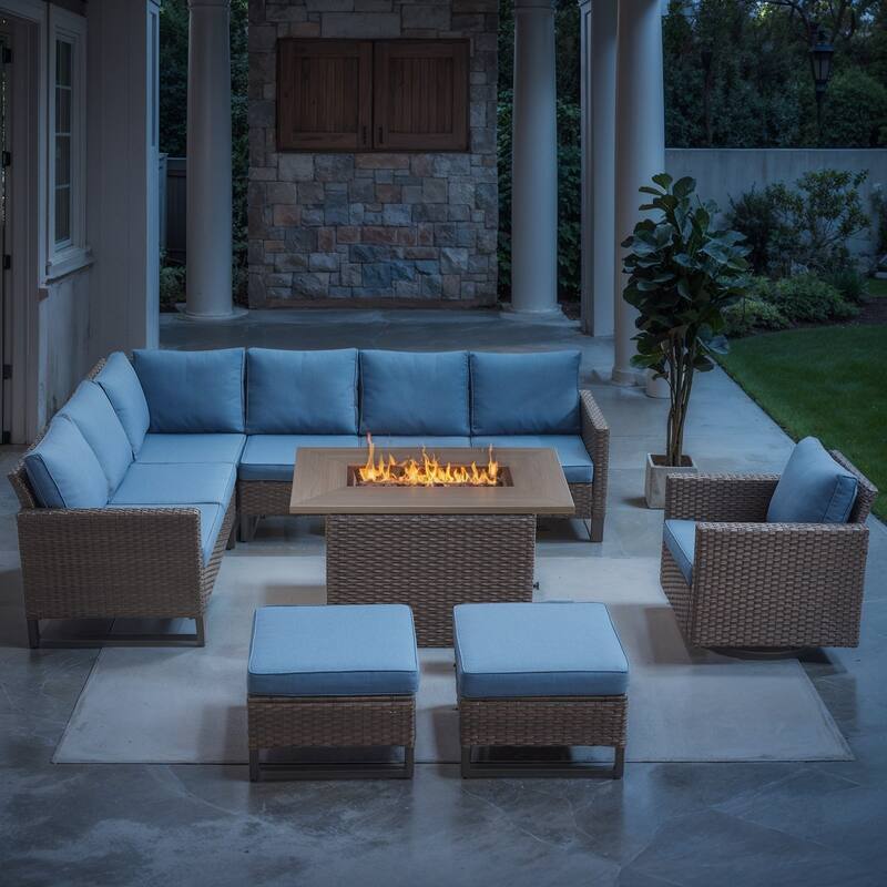 Outdoor Sofa Chair Furniture with Fire Pit Table - Blue cushion - Brown - Blue - Brown