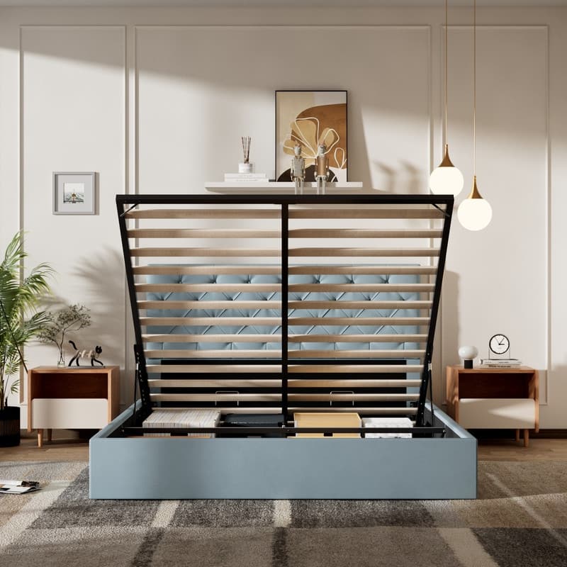 Plywood Frame Upholstered Platform Bed with Lift-up Storage Supported by Metal and Wooden Slats