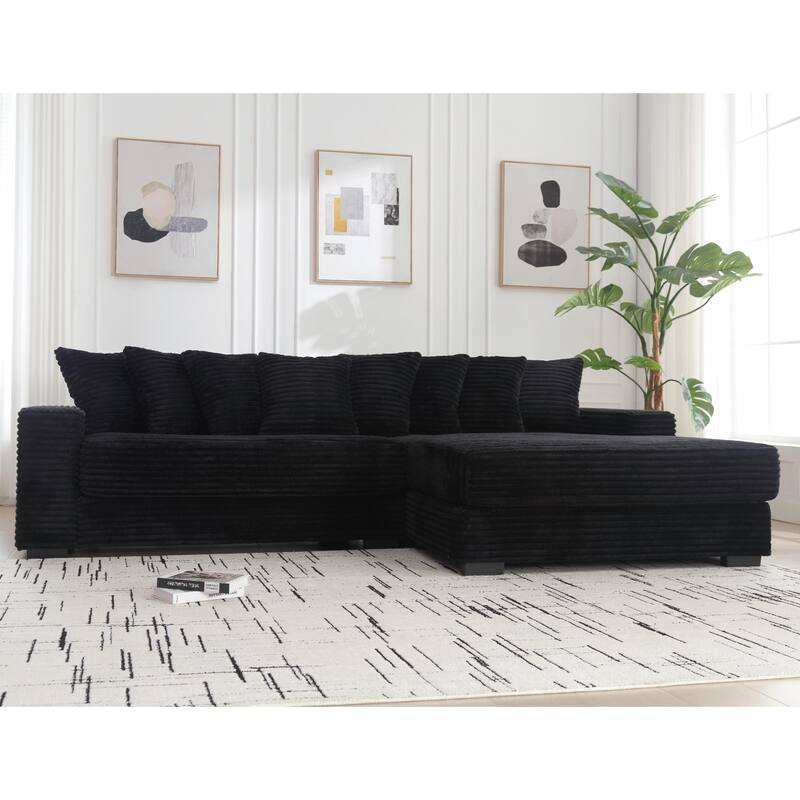 Oversized Two-Piece Corduroy L Shaped Sofa with Right Chaise Daybed and Eight Throw Pillows, Black