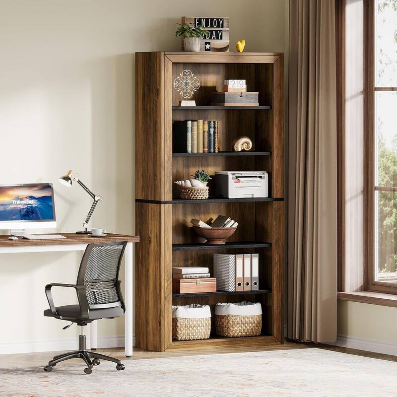 6-Tier Bookcase Tall Open Display Shelves Wood Storage Bookshelf for Living Room Office Bedroom