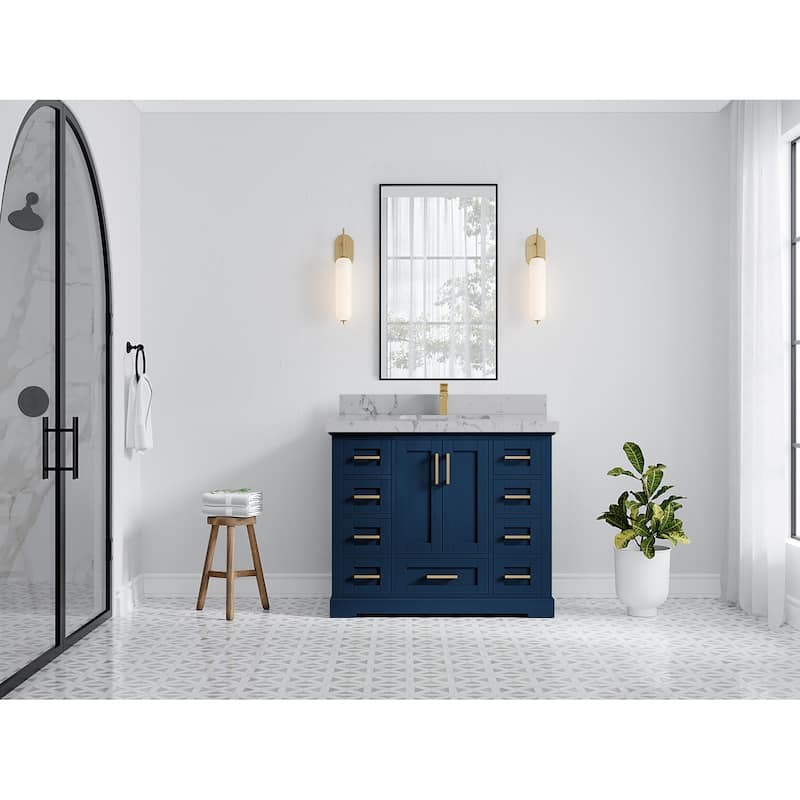 Willow Collection 42 in W x 22 in D x 36 in H Boston Single Bowl Sink Bathroom Vanity with Countertop - 2"Venatino Quartz - Navy Blue